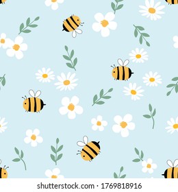 Seamless of daisy flower, cartoon bees and green leaf on a blue background vector illustration. Cute hand drawn floral pattern.
