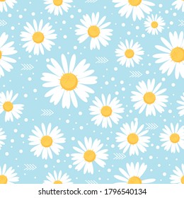 Seamless with daisy flower with dots on blue background vector. Cute floral pattern.