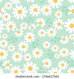 Seamless Of Daisy Flower Field On Mint Green Background Vector. Cute Floral Pattern.