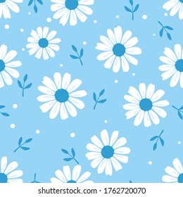 Seamless of daisy flower and leaf on blue background vector illustration. Cute floral pattern, flat design.