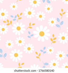 Seamless of daisy flower and leaves on pink background vector illustration. Cute floral pattern.