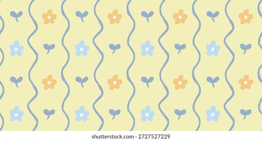 Padrão contínuo de flores e folhas margaridas em um fundo amarelo suave, expressando primavera alegre e humor romântico claro para o tecido, papel de parede e design de superfície.