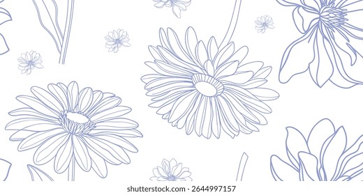 Seamless daisy flower line art pattern in soft blue, ideal for textile design, botanical wallpaper, elegant backgrounds, nature-themed packaging, and minimalist floral  projects.