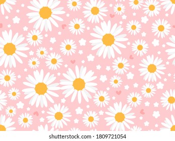 Seamless with daisy flower and little heart on pink background vector illustration. Baby pattern. 