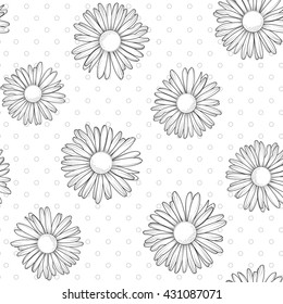 Seamless daisy flower pattern. Black on white background.