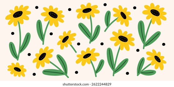 Seamless daisy flower pattern in cute hand-drawn flat style. Yellow flowers, green leaves, black dots on cream. Great for fabric, packaging, wallpaper, kids design, spring, summer, and crafts.