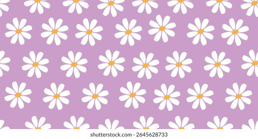 Seamless Daisy Flower Pattern on Purple Background – Cute Floral Repeating Design with White Petals and Yellow Centers – Perfect for Fabric, Spring Wrapping Paper, and Girl-Themed Projects