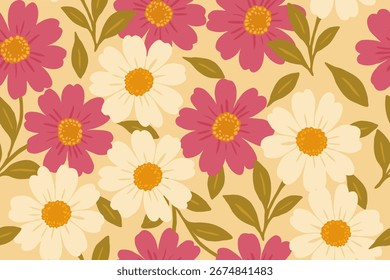 Seamless daisy flower pattern with pink and cream blossoms, golden centers, and green leaves on beige background. Perfect for fabric, wallpaper, and decor.