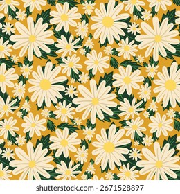 Padrão de flor margarida sem costura com fundo amarelo retro. Design floral botânico vintage, perfeito para tecido, papel de parede, papel de embrulho e impressões digitais.