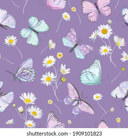 Seamless daisy flowers and butterfly vector background. Spring floral watercolor pattern. Summer beautiful textile, rustic wallpaper, camomile illustration, garden fabric, wrapping paper design