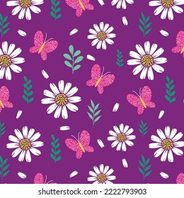 Flores de margarita y fondo vectorial de mariposa sin foco. Patrón floral primaveral. Bonito textil de verano, tapicería rústica, ilustración de camomila, tela de jardín, diseño de papel envolvente