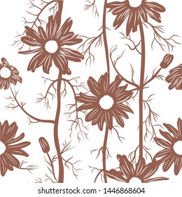 Seamless daisy flowers with leaves and stems on a white background. For textile design, postcards, packaging.