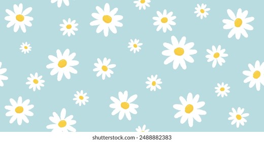 Seamless daisy flowers on green background. chamomile flowers. Tender cute floral. Hand drawn fabric, gift wrap, wall art design. EPS10. vector illustration.