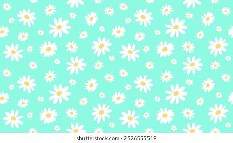 Seamless daisy flowers on green background. Floral print with white flowers. Vector background for trendy fabrics, wallpapers. Tender cute floral. Hand drawn fabric, gift wrap, wall art design. EPS10.