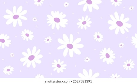 Nahtlose Gänseblümchen auf hellviolettem Hintergrund. Vintage festliches groovy botanisches Design. Knospen und Blätter der Kamille. Flache Vektorgrafik.