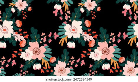 Nahtloses Gänseblümchen-Muster. Blumenmuster auf schwarzem Hintergrund. Botanisches Muster.