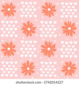 Seamless Daisy and Heart Pattern on Pastel Pink Background  