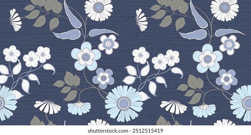 Seamless daisy pattern, delicate flower print with wild plants. Romantic botanical design in light colors: small hand drawn flowers, long stems, leaves on a dark blue background. Vector illustration.