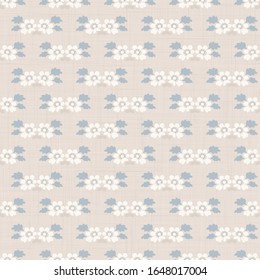 Seamless daisy pattern in french blue linen shabby chic style. Hand drawn floral damask texture. Old white blue background.  Interior wallpaper home decor swatch. Ornate flourish motif all over print