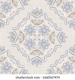 Seamless daisy pattern in french blue linen shabby chic style. Hand drawn floral damask texture. Old white blue background.  Interior wallpaper home decor swatch. Ornate flourish motif all over print