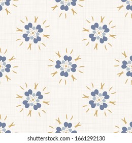 Seamless daisy pattern in french blue linen shabby chic style. Hand drawn floral damask texture. Old white blue background. Interior wallpaper home decor swatch. Primitive flourish motif allover print