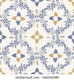 Seamless daisy pattern in french blue linen shabby chic style. Hand drawn floral damask texture. Old white blue background.  Interior wallpaper home decor swatch. Ornate flourish motif all over print
