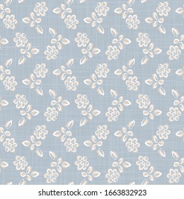 Seamless daisy pattern in french blue linen shabby chic style. Hand drawn floral damask texture. Old white blue background. Interior wallpaper home decor swatch. Ornate flourish motif all over print
