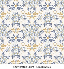 Diseño de margarita en lino azul francés de estilo chic. Textura de damasco floral dibujada a mano. Fondo azul blanco antiguo.  Espectáculo interior decorado con papel pintado. Ornate flourif motif por todas partes