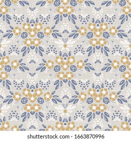 Seamless daisy pattern in french blue linen shabby chic style. Hand drawn floral damask texture. Old white blue background. Interior wallpaper home decor swatch. Ornate flourish motif all over print