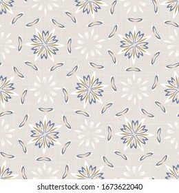 Seamless daisy pattern in french blue linen shabby chic style. Hand drawn floral damask texture. Old white blue background. Interior wallpaper home decor swatch. Ornate flourish motif all over print