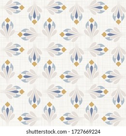 
Seamless daisy pattern in french blue linen shabby chic style. Hand drawn floral damask texture. Old white blue background. Interior wallpaper home decor swatch. Ornate flourish motif all over print
