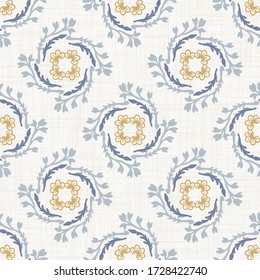 
Seamless daisy pattern in french blue linen shabby chic style. Hand drawn floral damask texture. Old white blue background. Farmhouse style wallpaper home decor swatch. Flower motif all over print