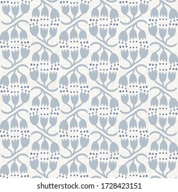 
Seamless daisy pattern in french blue linen shabby chic style. Hand drawn floral damask texture. Old white blue background. Farmhouse style wallpaper home decor swatch. Flower motif all over print