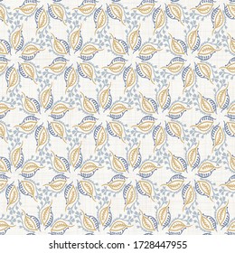 
Seamless daisy pattern in french blue linen shabby chic style. Hand drawn floral damask texture. Old white blue background. Farmhouse style wallpaper home decor swatch. Flower motif all over print