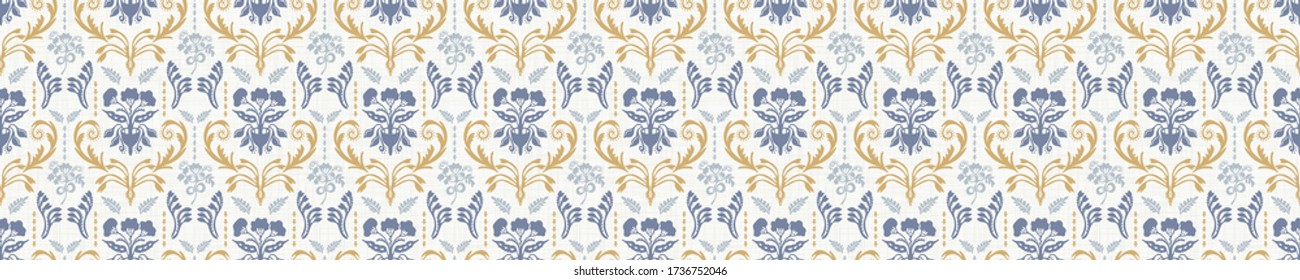 Patrón de margarita inmaculada en lino azul francés de estilo chic. Textura de damasco floral dibujada a mano. Antiguo fondo azul blanco. Pared decorativa de fondo de paredes estilo casa de campo. Motivo de las flores por todas partes

