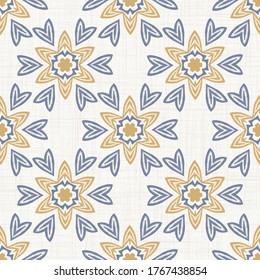 Seamless daisy pattern in french blue linen shabby chic style. Hand drawn floral damask texture. Old white blue background. Farmhouse style wallpaper home decor swatch. Flower motif all over print