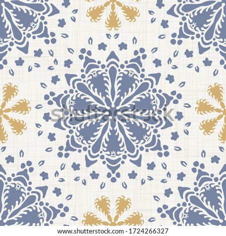 Seamless daisy pattern in french blue linen shabby chic style. Hand drawn floral damask texture. Old white blue background. Interior wallpaper home decor swatch. Ornate flourish motif all over print