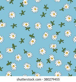 Seamless daisy pattern on blue background, vector illustration for textile, postcard, wallpaper design