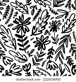 Seamless daisy pattern with plant leaves and branches. Brush drawn wild plants in childish style. Vector meadow flowers and herbs ornament. Hand drawn black and white botanical ornament. 