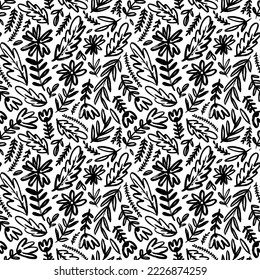 Seamless daisy pattern with plant leaves and branches. Brush drawn wild plants in childish style. Vector meadow flowers and herbs ornament. Hand drawn black and white botanical ornament. 