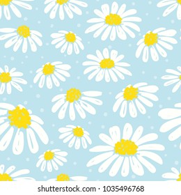 Seamless daisy pattern. Vector background with white chamomiles on blue.