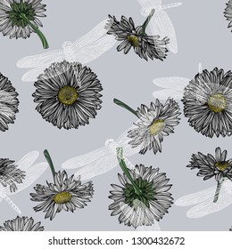 Seamless daisy pattern. Vector background with chamomile flowers.