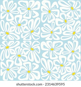 Seamless daisy pattern. Vector background with white doodle flowers on blue