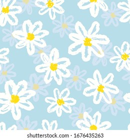 Seamless daisy pattern. Vector floral background with white chamomiles on blue