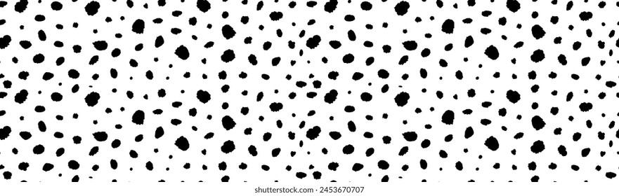 Seamless dalmatian animal horizontal pattern. Vector illustration with random ink black spots on white background. Spotted fur animal texture of dog, leopard, cow. Hipster polka dot print.