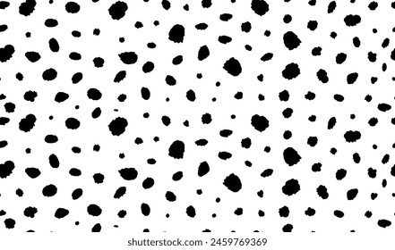 Seamless dalmatian animal horizontal pattern. Vector illustration with random ink black spots on white background. Spotted fur animal texture of dog, leopard, cow. Hipster polka dot print.