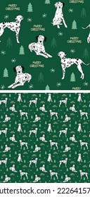 Seamless Dalmatian dog pattern, holiday texture. Square format, t-shirt, poster, packaging, textile, textile, fabric, decoration, wrapping paper. Trendy hand-drawn dogs wallpaper. Holiday background.