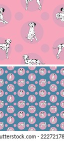 Seamless Dalmatian dog pattern, holiday texture. Square format. Pink, blue packaging, textile, fabric, decoration, wrapping paper.Trendy hand-drawn dogs wallpaper. Holiday background with circles.
