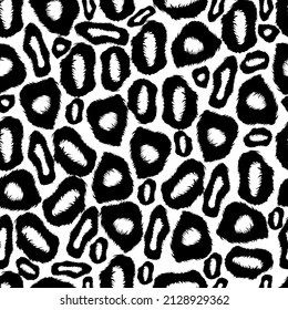 Seamless dalmatian fur animal print. Animal skin template. Spot background. Vector design illustration. Random bovine spots hand drawn design. Farm animal textural banner.