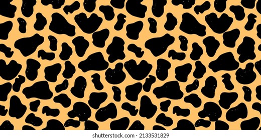 Seamless dalmatian fur animal print. Animal skin template. Spot background. Vector design illustration. Random bovine spots hand drawn design. Farm animal textural banner.